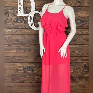 Trixxi | Open Strappy Back Aztec Tiered Ruffle Sheer Chiffon Maxi Dress Hot Pink